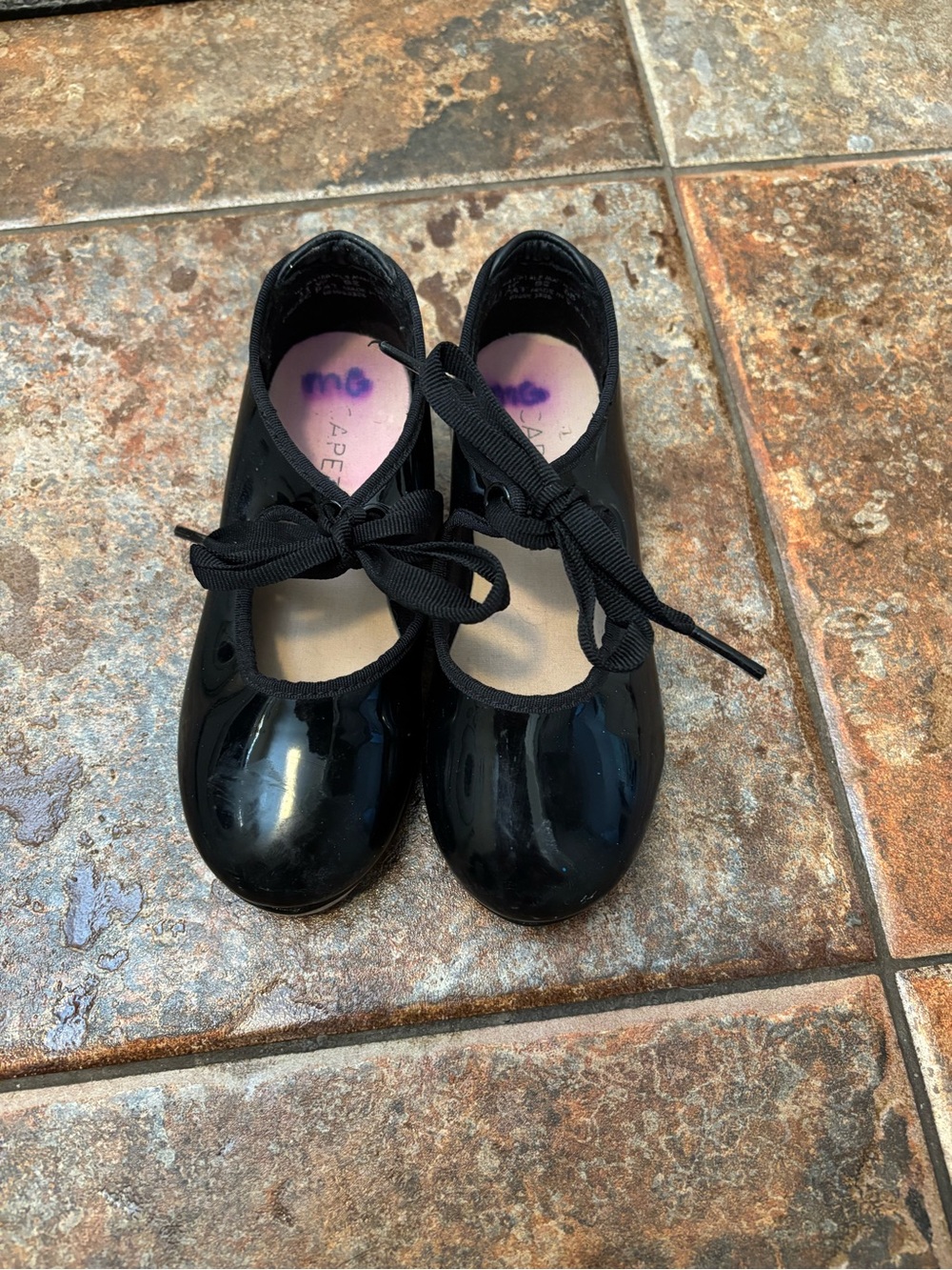 Capezio Jr Tyette Girl's Black Patent Tap Shoes with Ribbon